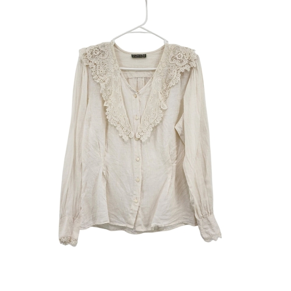 Outback Red Women's V-neck Lace Bib Button Front Linen Top Cottagecore - Picture 1 of 6